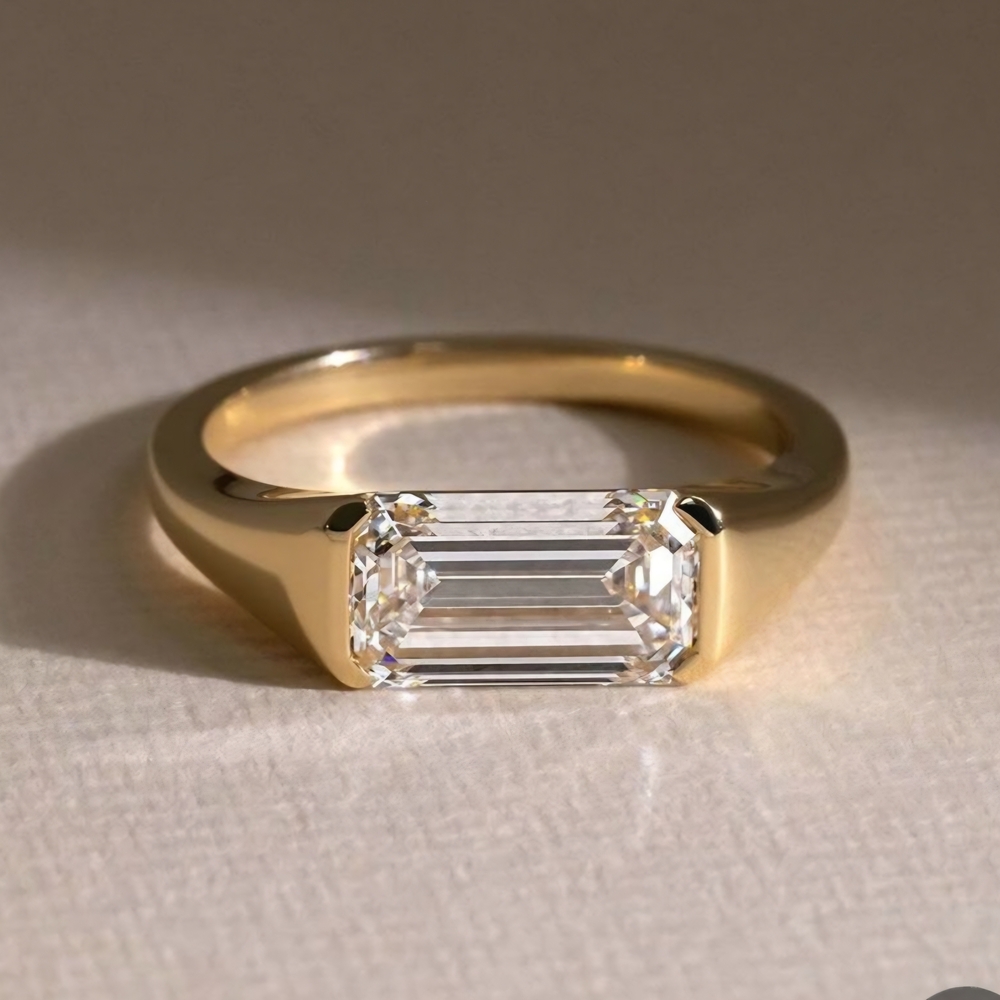 Classic Bezel Setting Emerald Cut White Sapphire Engagement Ring